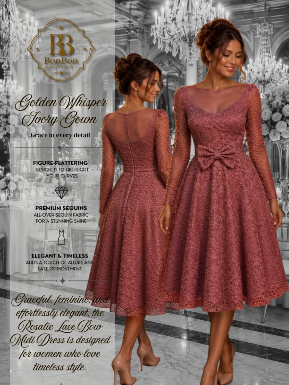 Dusty Rose Lace Midi Dress | Long Sleeve Wedding Guest Dress | Baby Shower Dress
